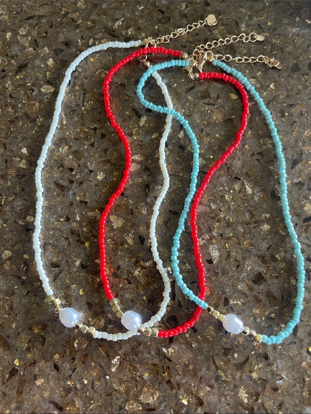 3 pack of Beaded Necklaces with Pearl Accent Necklace - Red, White, Blue